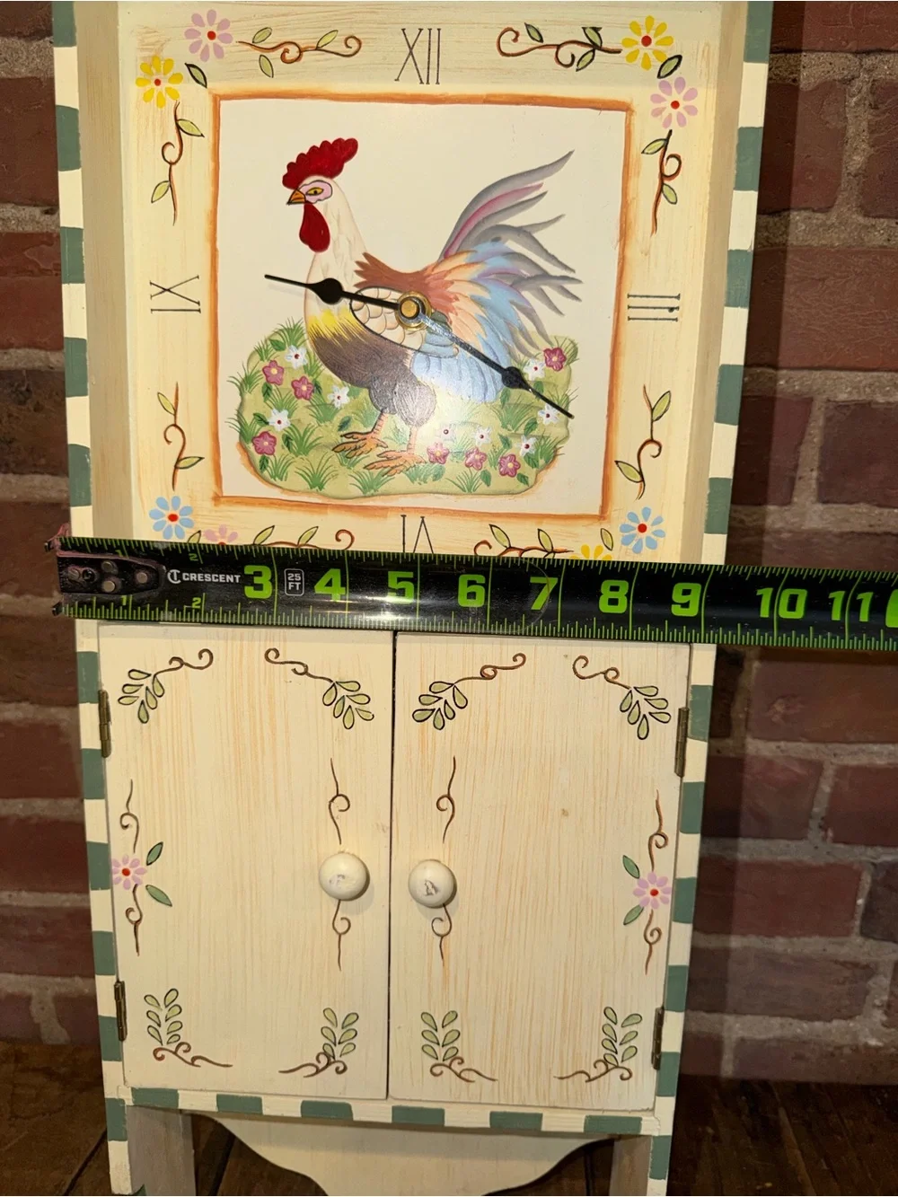 Hand-Painted Rooster Wall Clock Cabinet Decor Farmhouse Cream & Pastel Accent